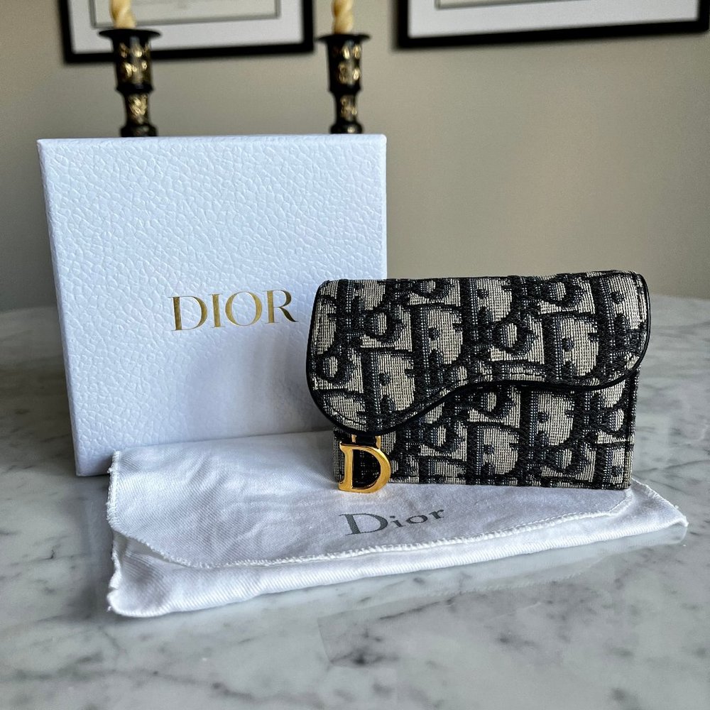 Blue Dior Oblique Jacquard Saddle Flap Card Holder *Authentic*